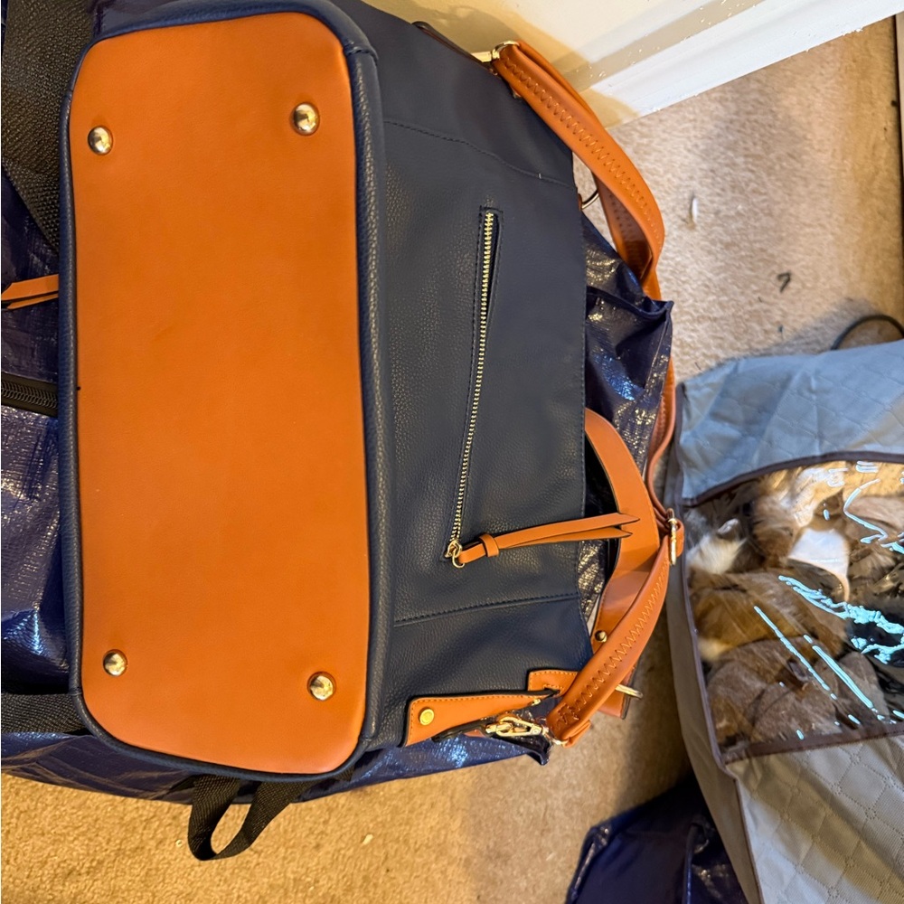 Stylish Blue and Tan Vegan Leather Bag